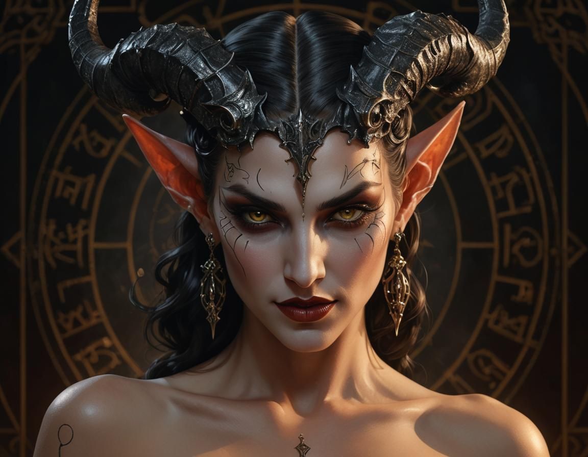 Smirking Tiefling Beauty in Art Deco Style