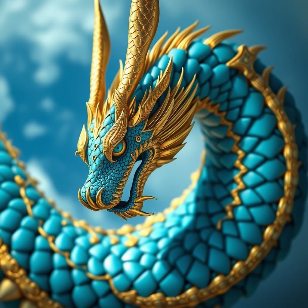 Hyper Real Mandala Dragon with Intricate Gold and Turquoise...