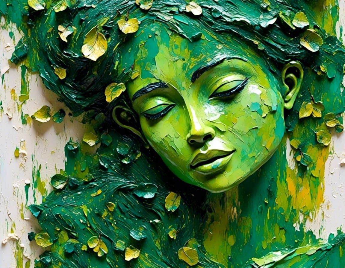 Green Tree Nymph Having Coffee as Impasto Sculpture