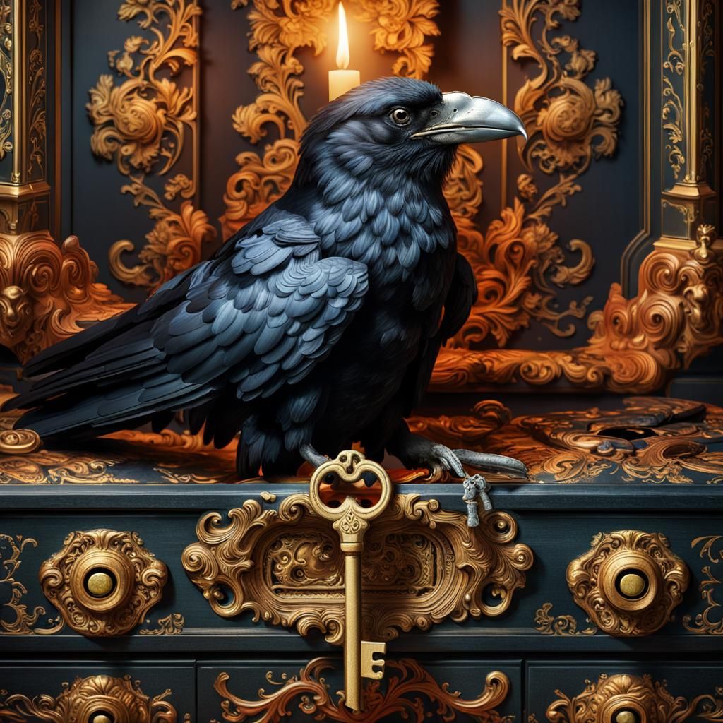 Baroque Raven with Key in Antique Style