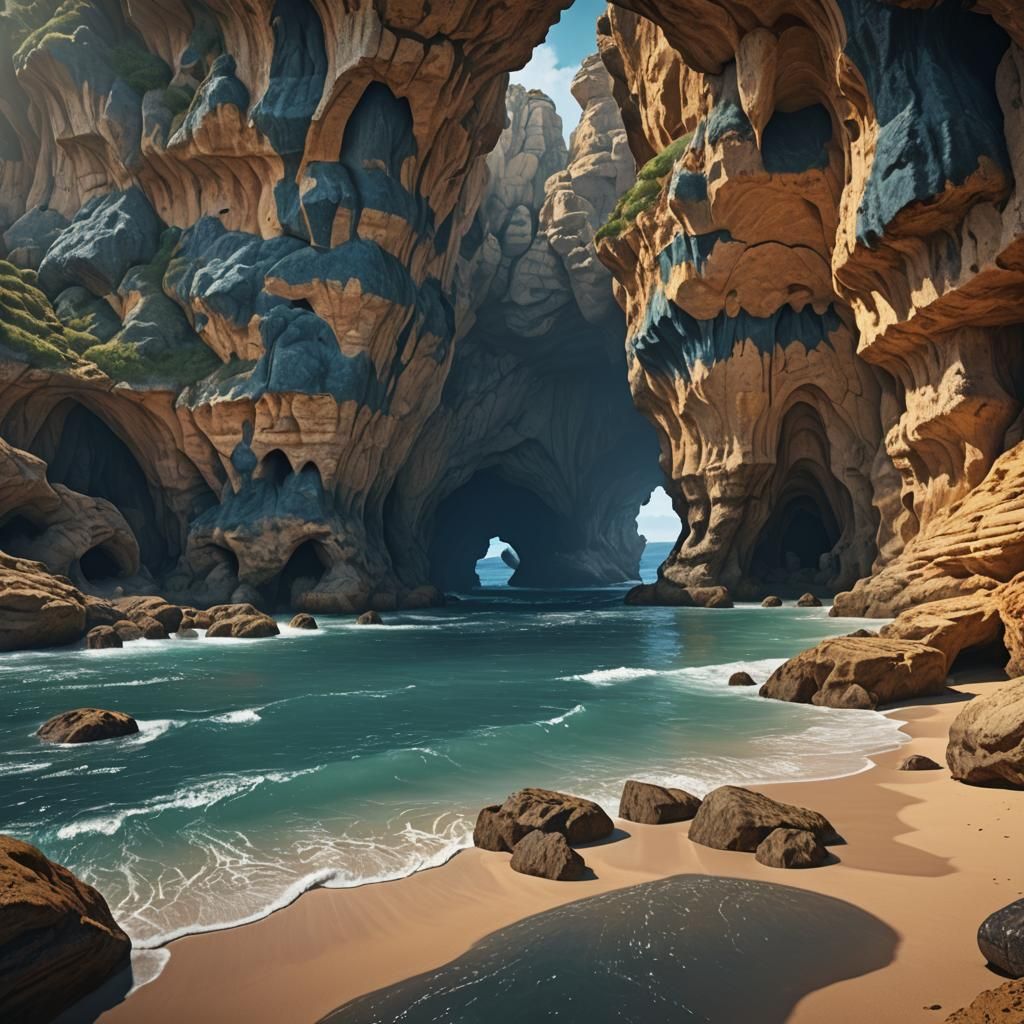 Algarve Portugal Ocean Caves: Detailed Digital Painting