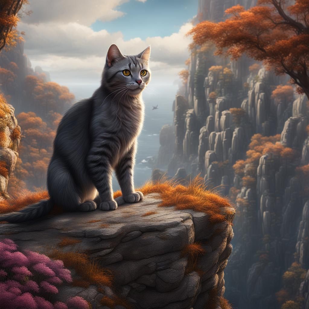 Gray Cat on Cliff: Detailed Matte Painting