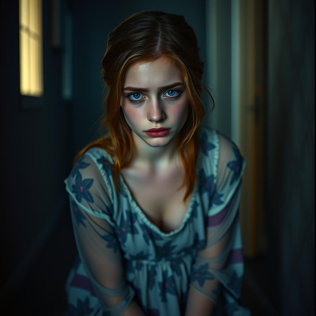 Emotional Woman with Iris Dress in Dim Lighting