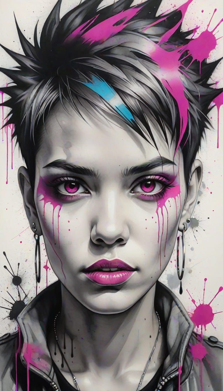 Graffiti Portrait of Woman with Spiky Hair and Magenta Earri...