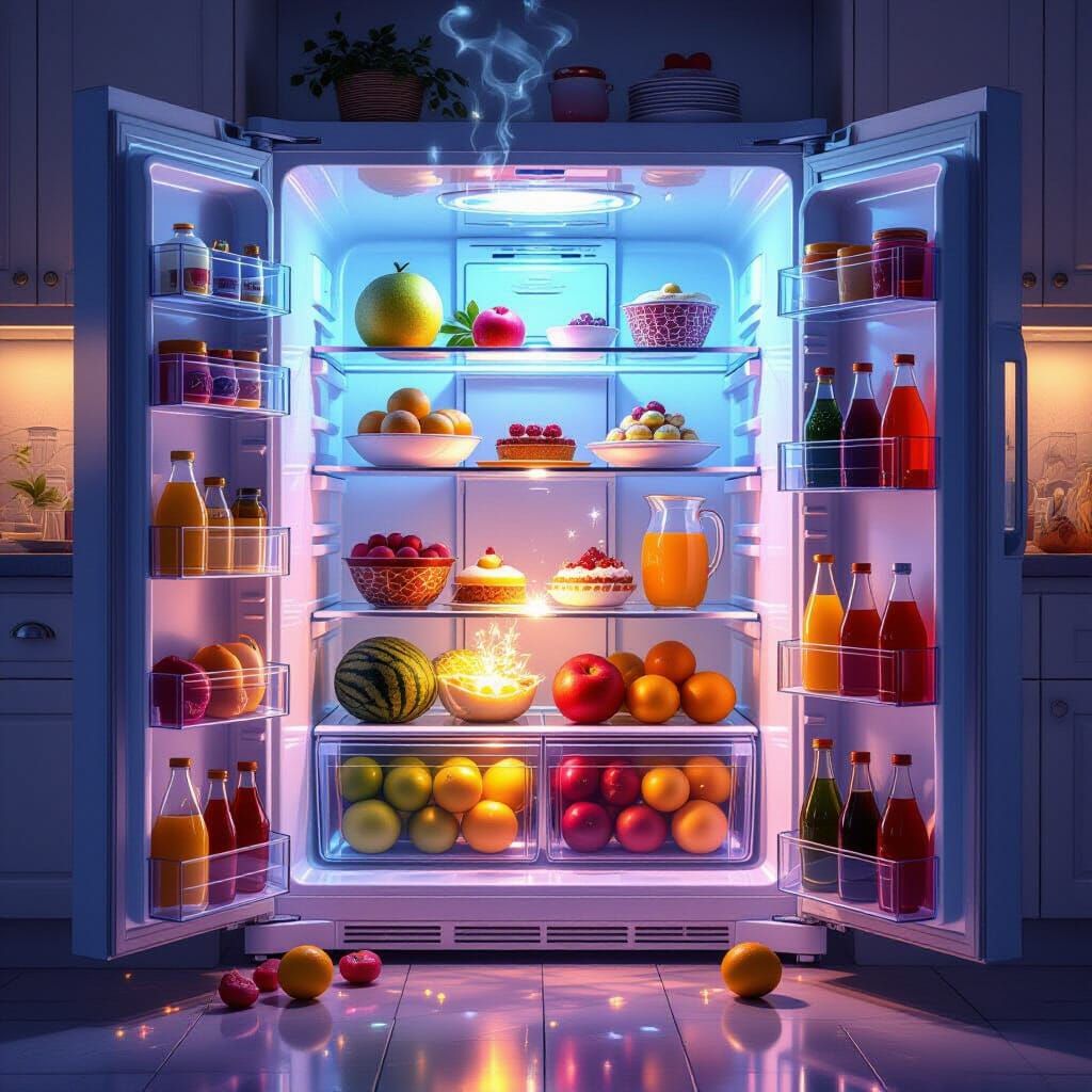 Magical Floating Feast Inside Glowing Refrigerator