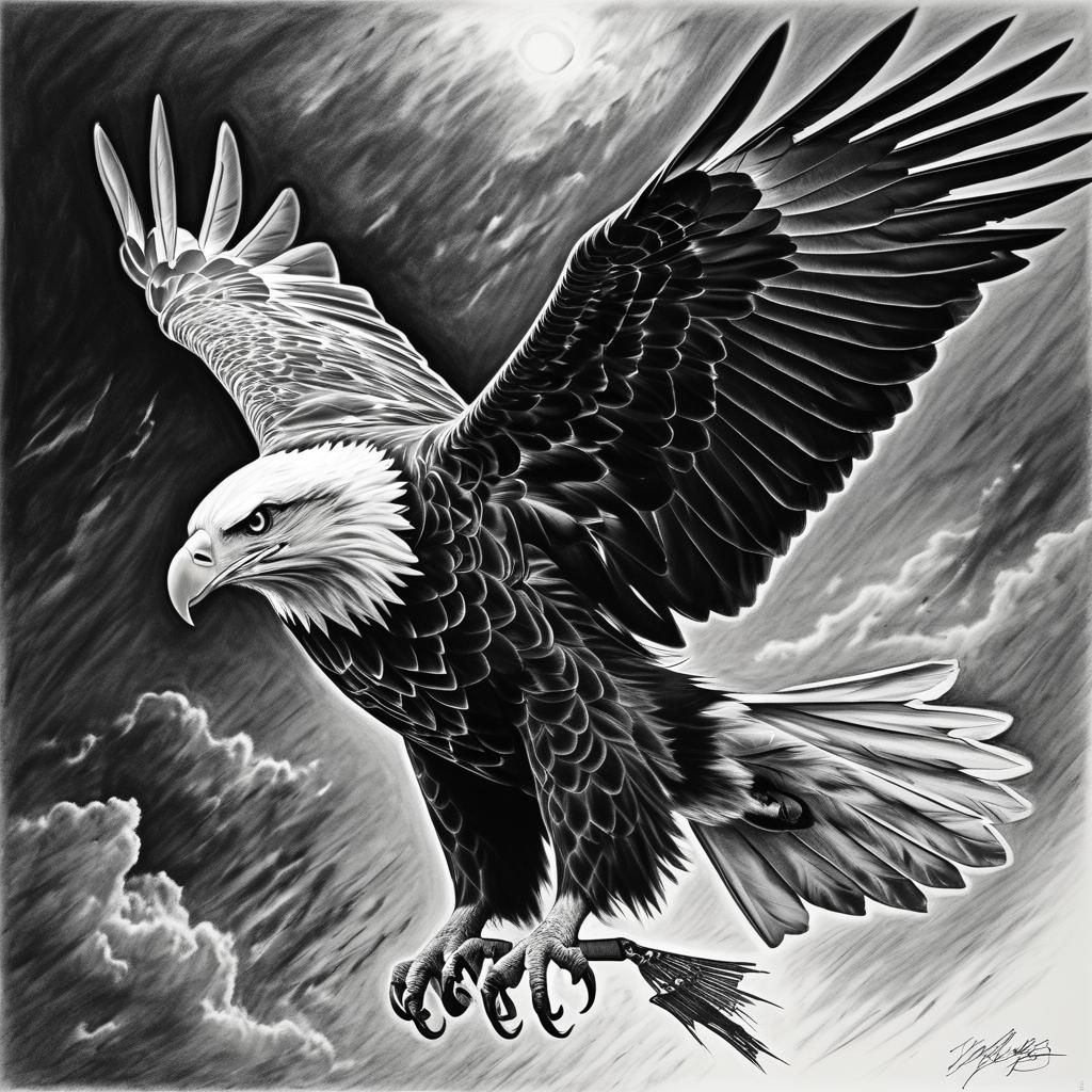 Dynamic Charcoal Drawing of a Diving Bald Eagle