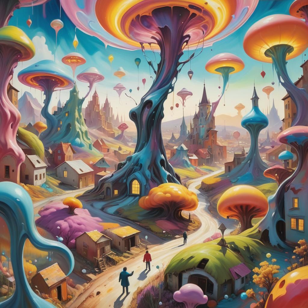 Smiling Figure in Surreal Landscape, Oil Painting