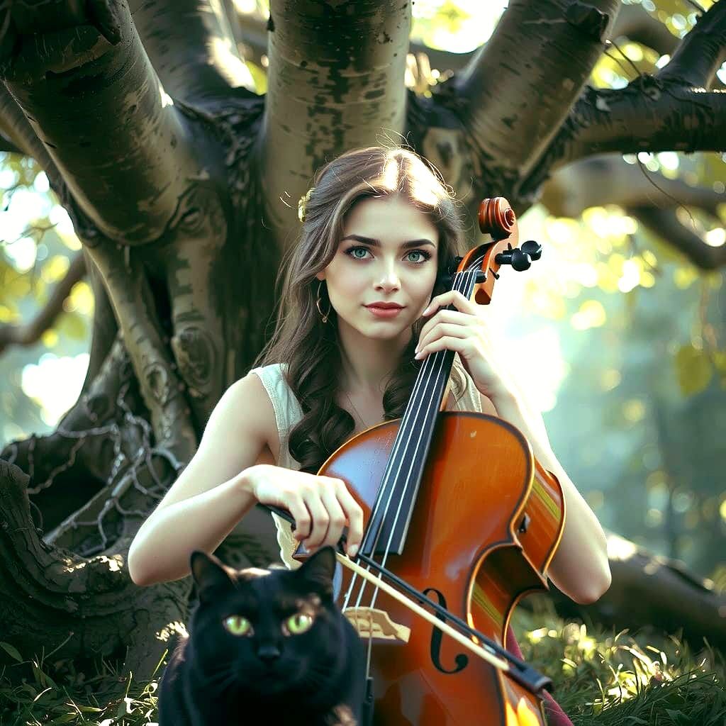 Enchanting Woman Plays Cello for Cat, Fantasy Art