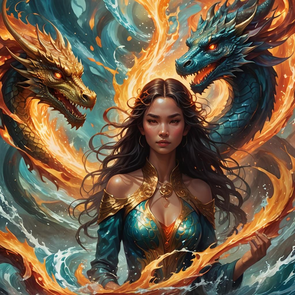 Fantasy Woman with Dragon in Fire and Water