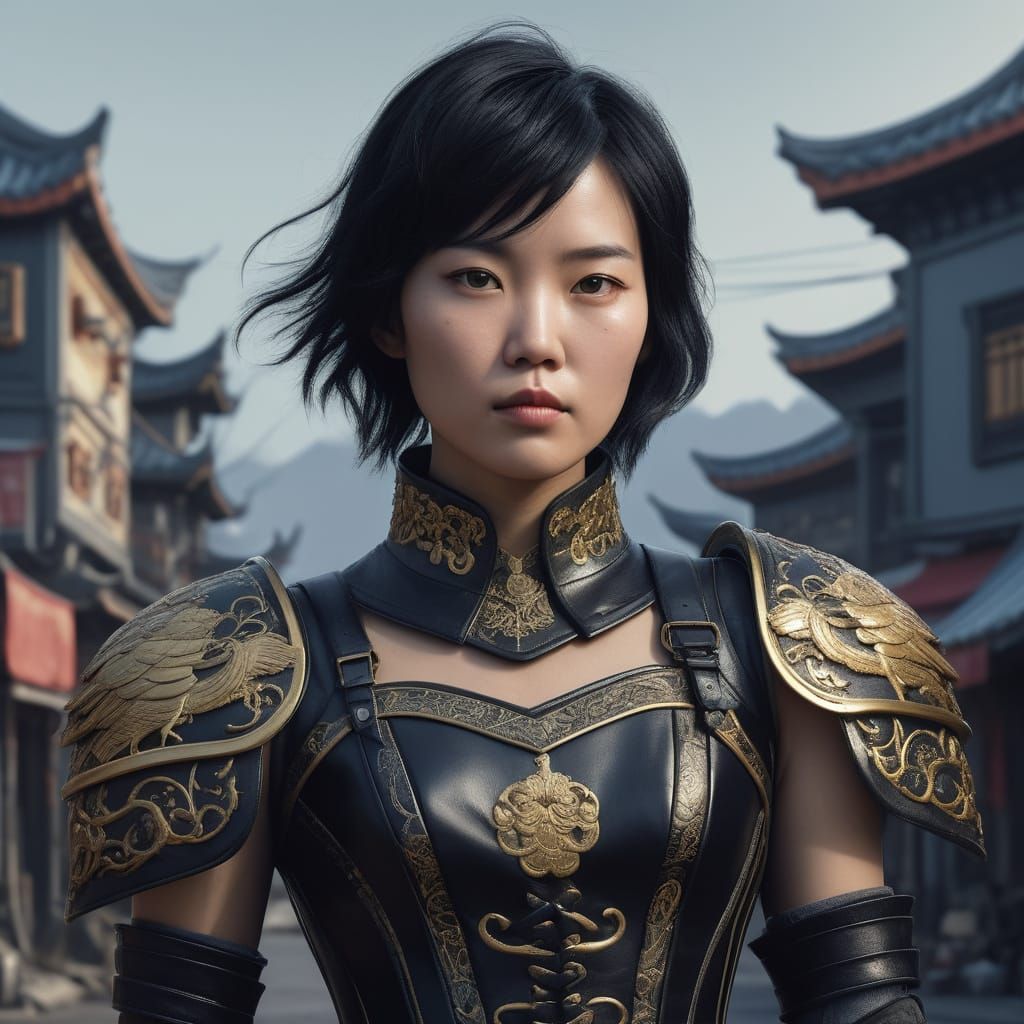 East Asian Woman in Ornate Leather Armor, Photorealistic