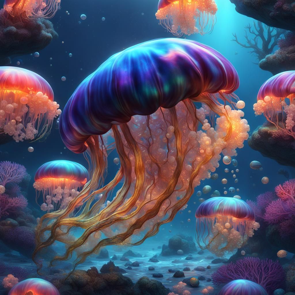 Iridescent Jellyfish in a Crystalline Coral Reef