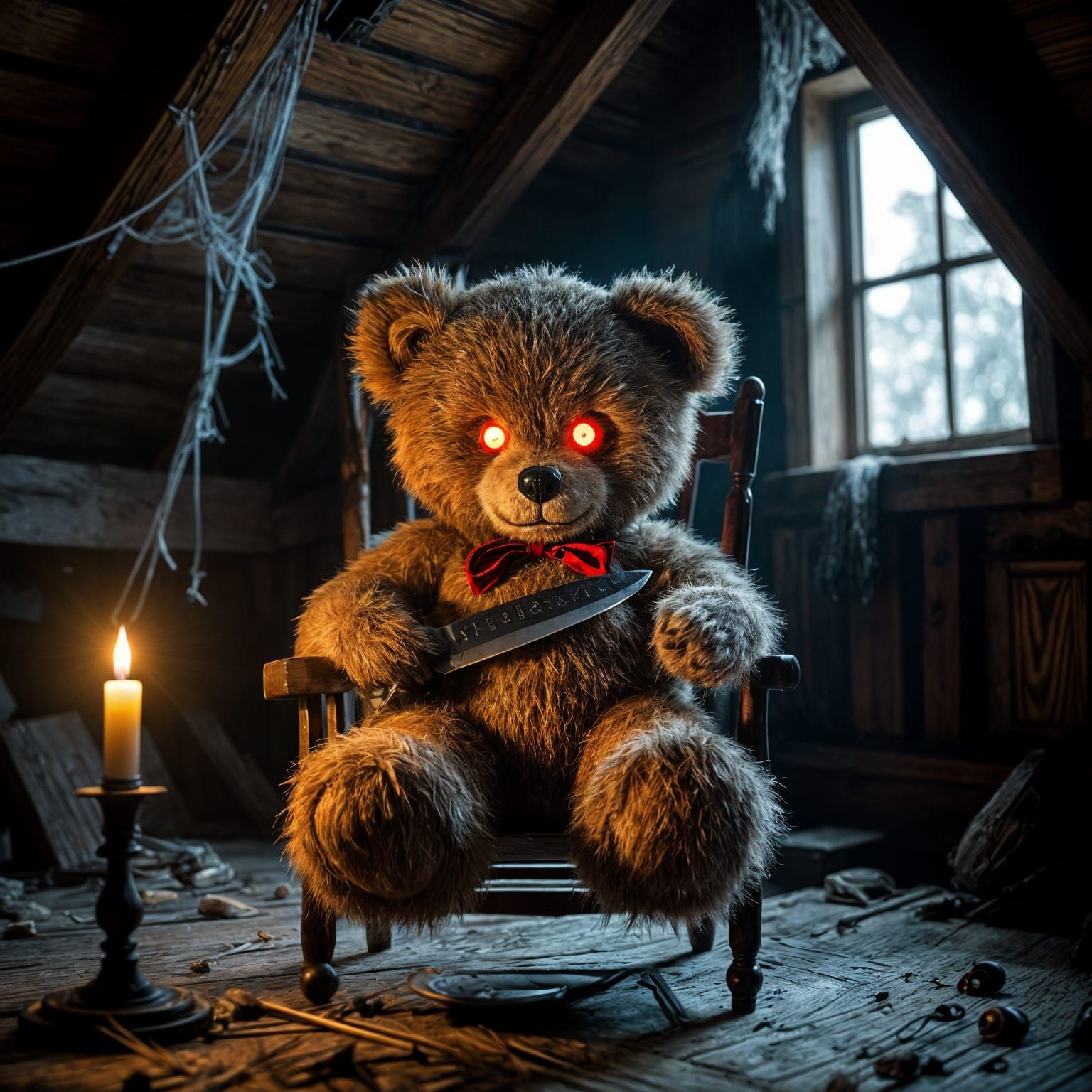 Creepy Teddy Bear with LED Eyes Holds Knife in Dusty Attic