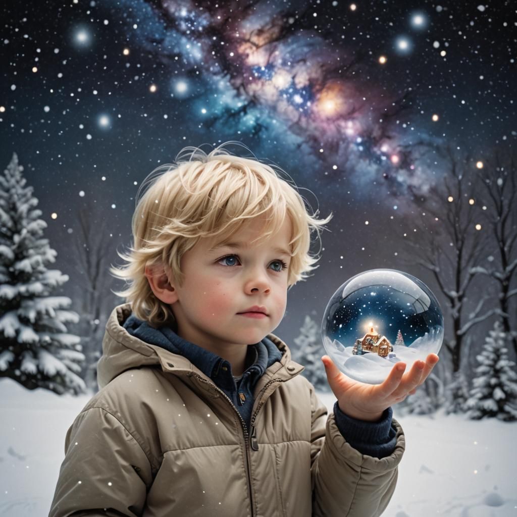 Boy with Galaxy Snow Orb: Nostalgic Dream