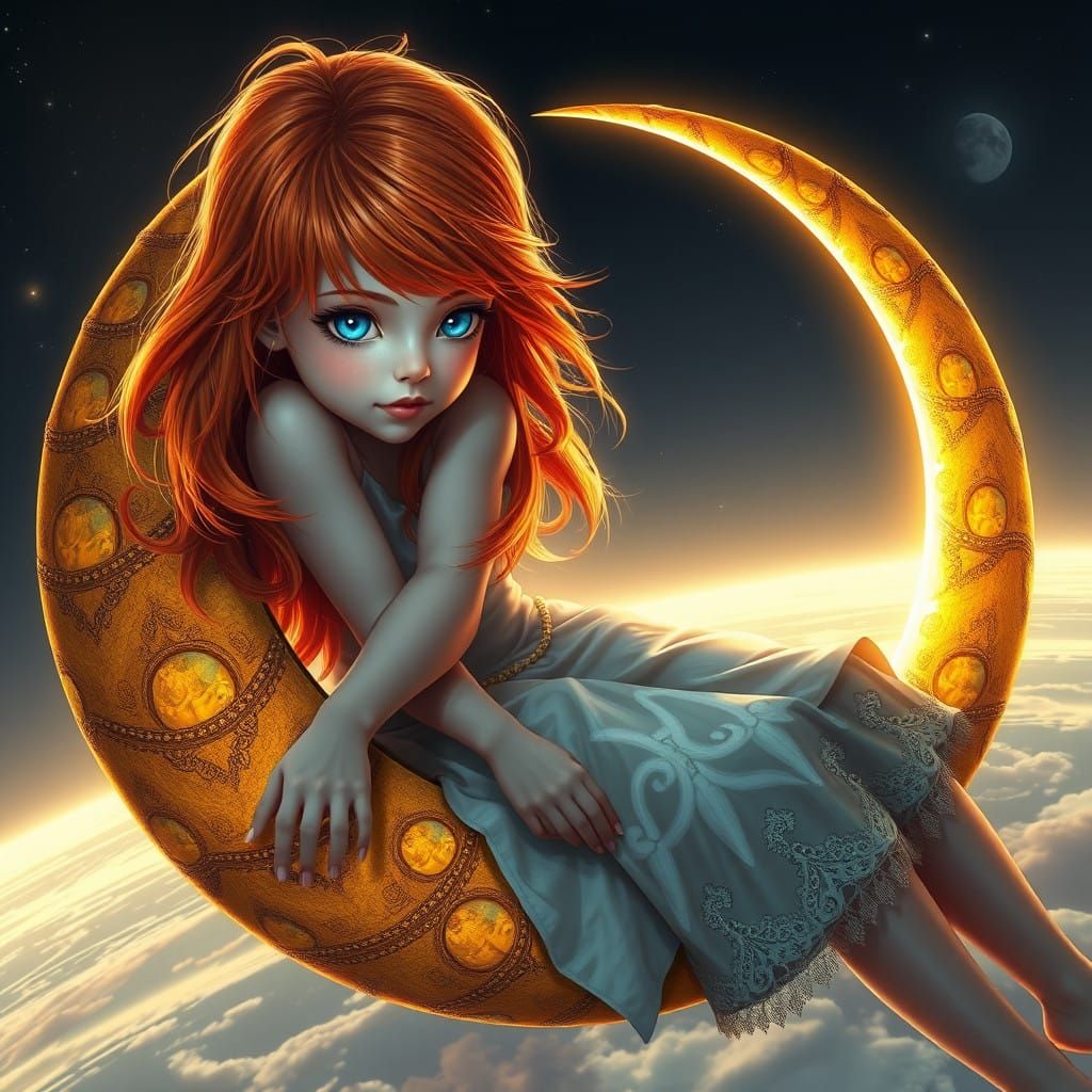 Girl on Crescent Moon in Epic, Cinematic Digital Art