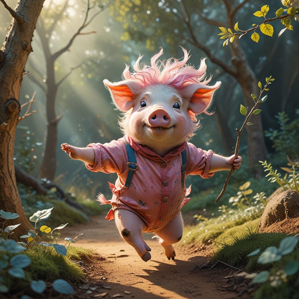 Whimsical Pig in a Wig Dances on a Twig