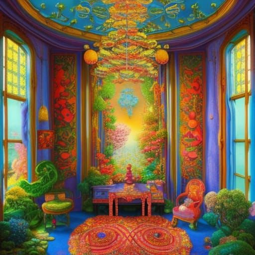 Maximalist Room with Birds and Embroidered Lizards