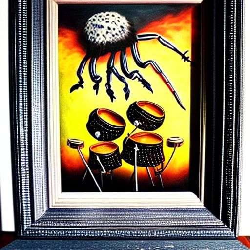 Surreal Drum Set with Scorpions, Tim Burton Style