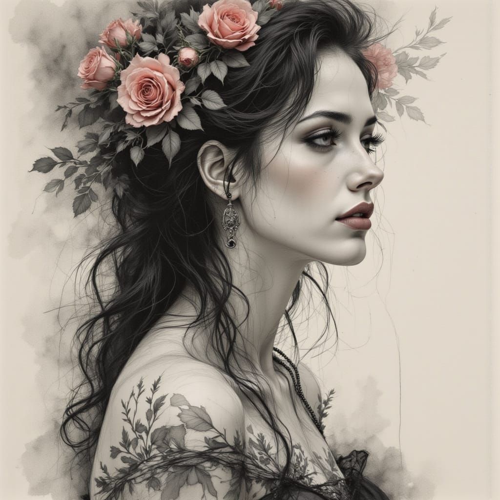 Melancholic Woman Portrait with Roses in Colored Pencil Styl...