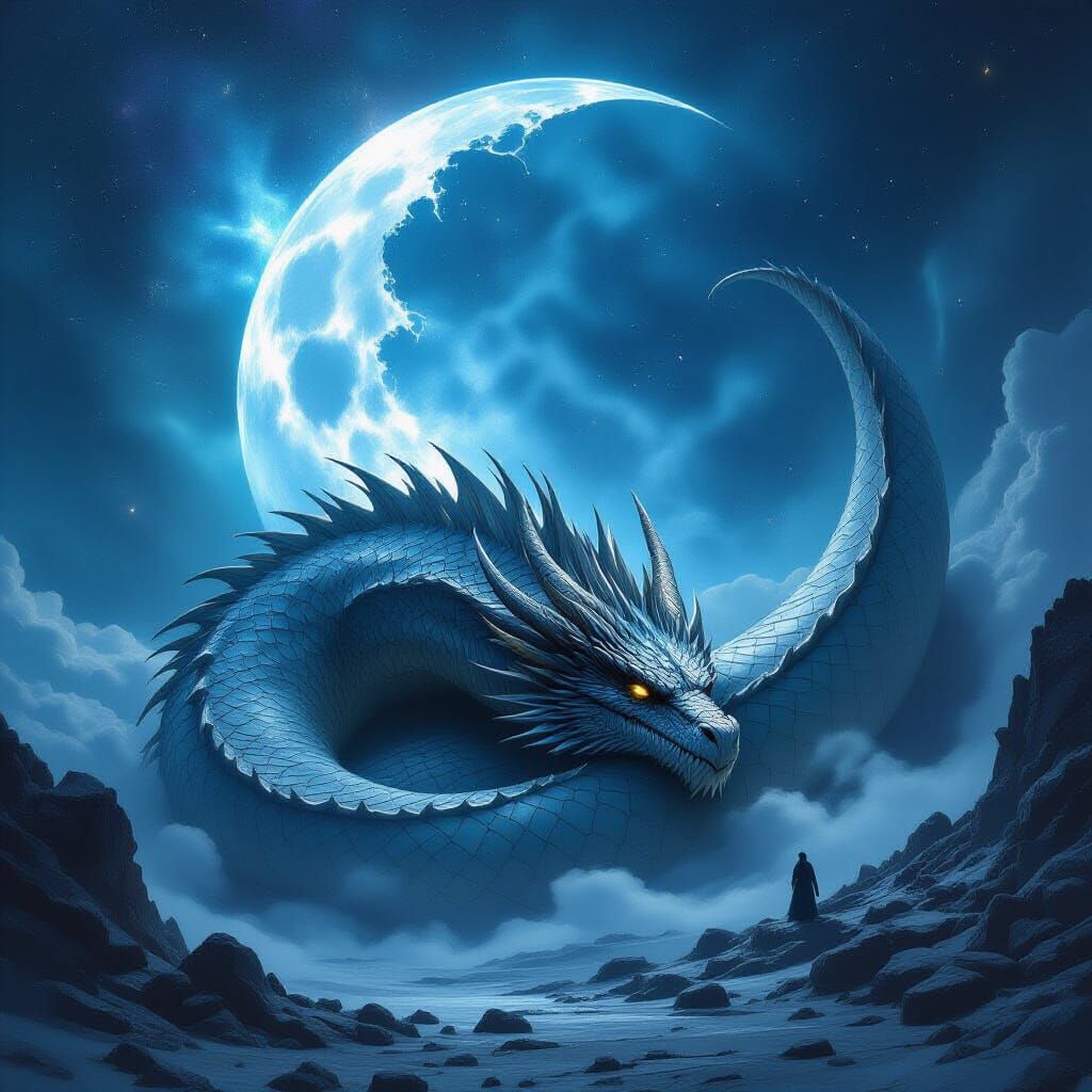 Ancient Dragon Coiled Around Shattered Moon in Cosmic Solitu...