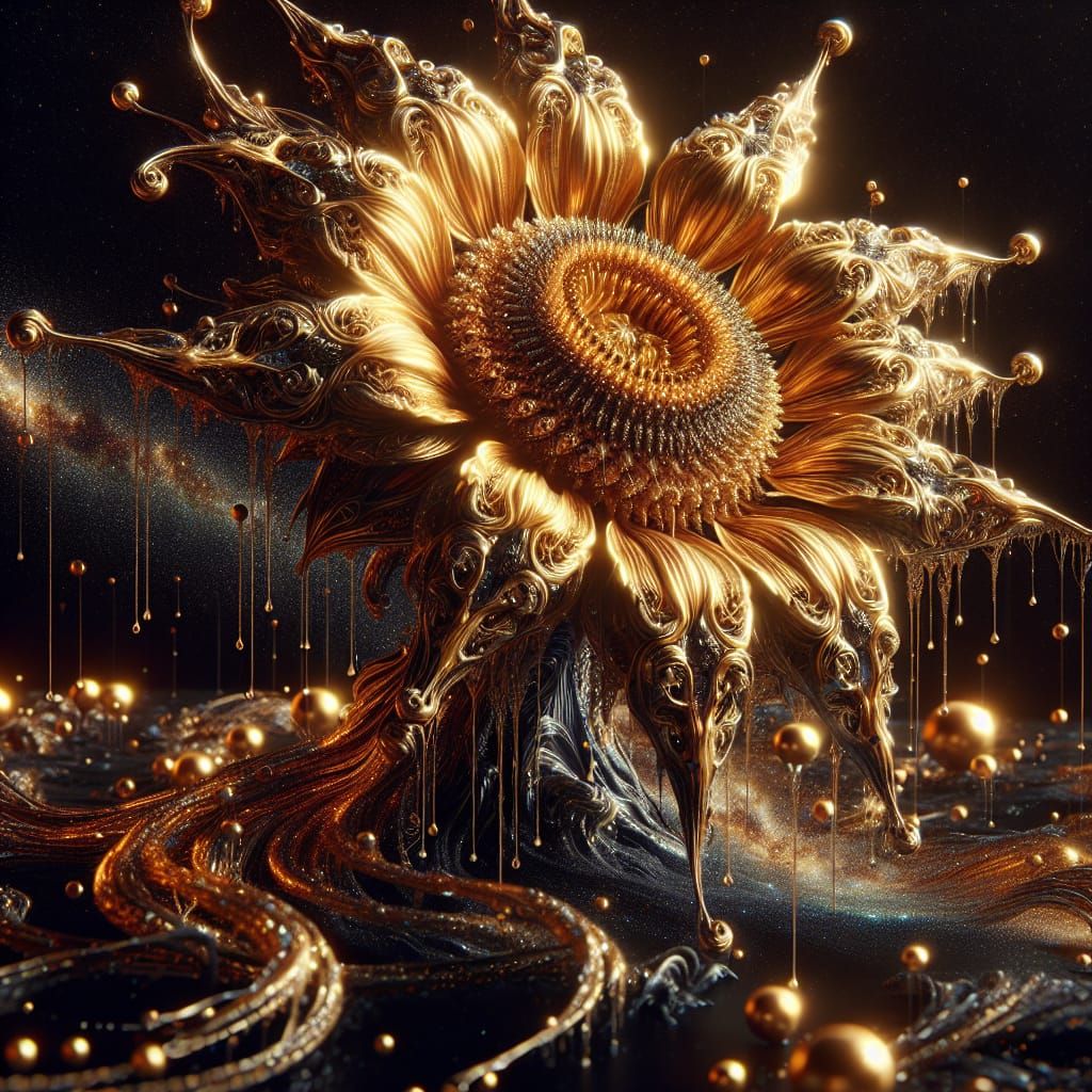 Cosmic Sunflower Dripping Gold Filigree and Iridescent Stars