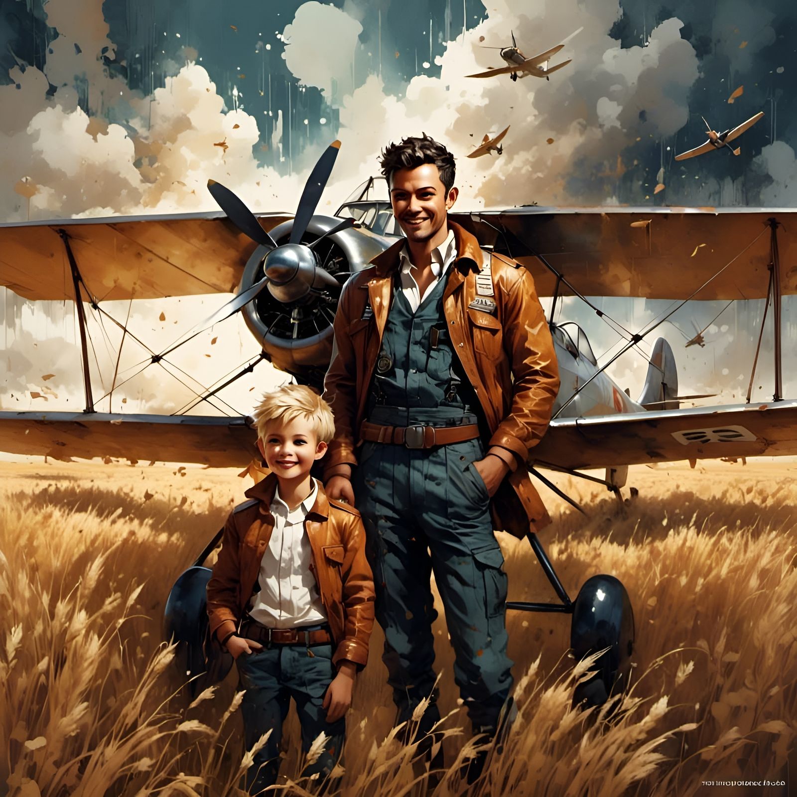 Pilot and Little Prince in Wheat Field as Ink Painting