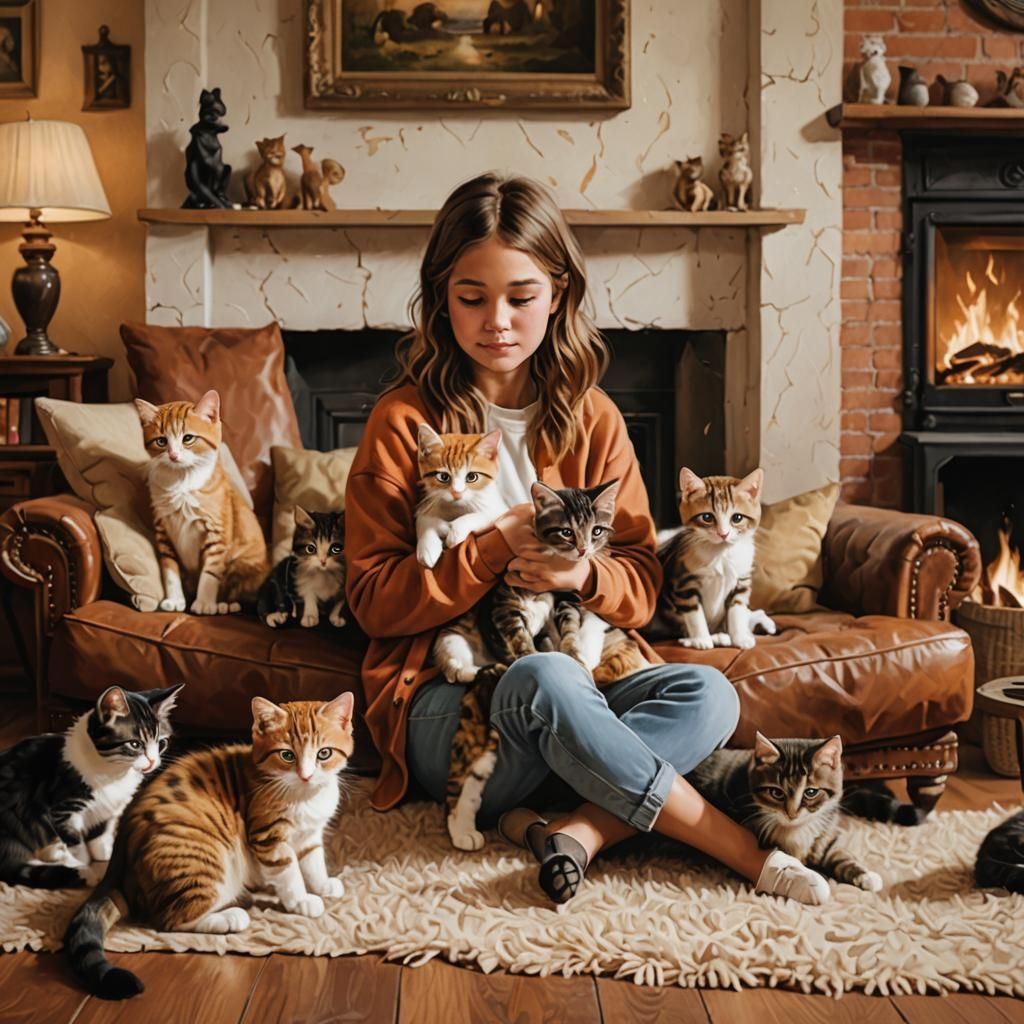 Girl with Kittens in Cozy Living Room