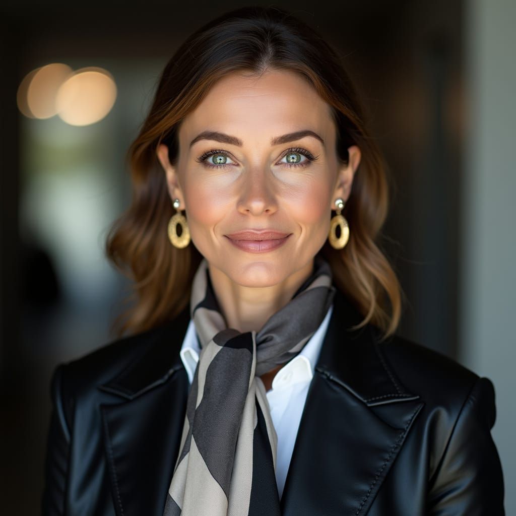 Confident Female CEO in Sharp Leather Suit