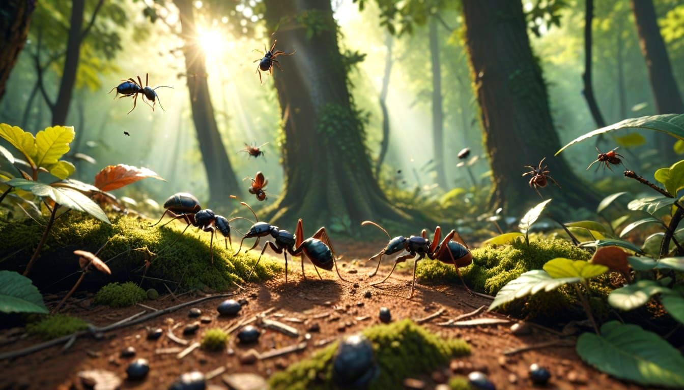 Ninja Ants vs Beetles in Forest Scenery