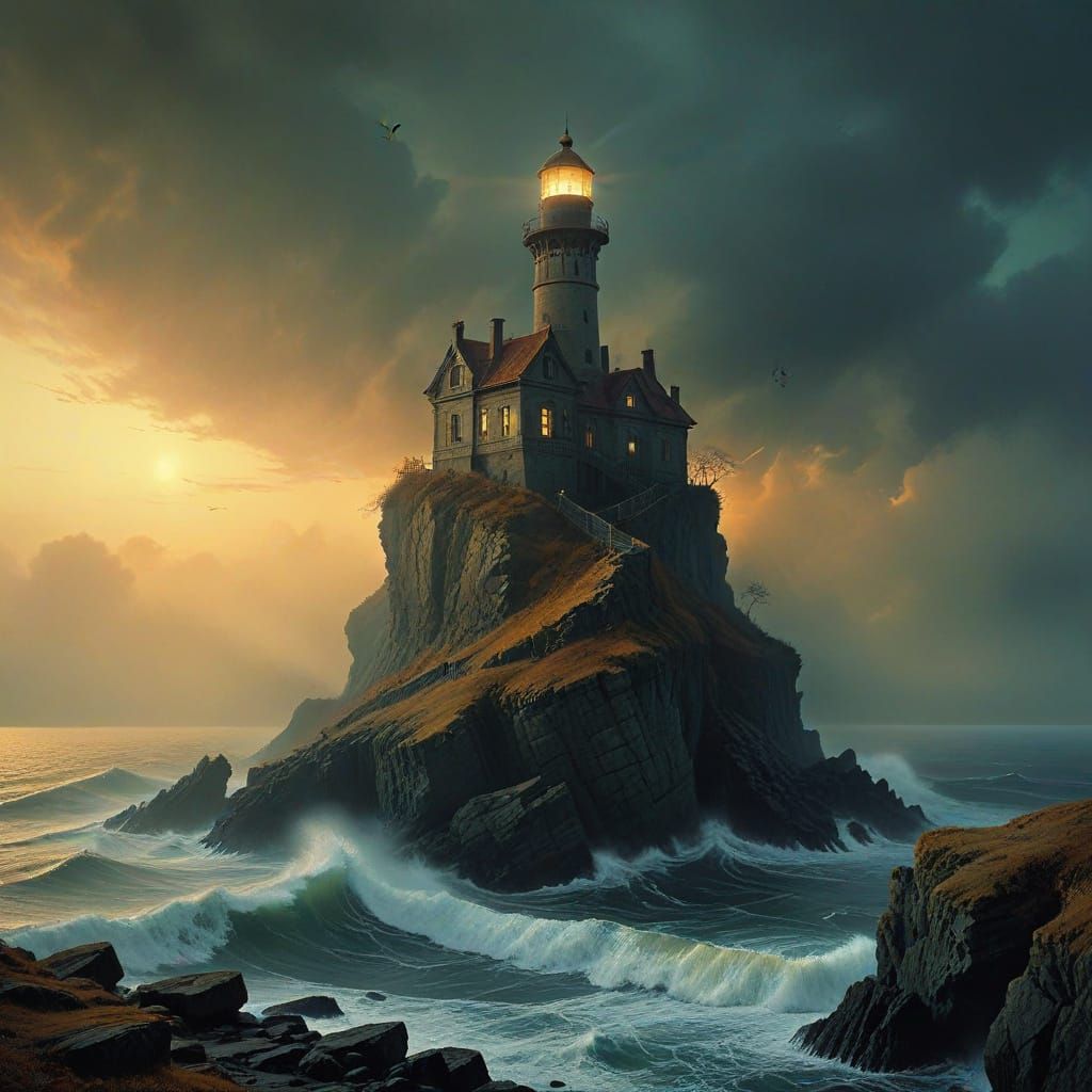 Gothic Lighthouse in Autumn Fog with Eerie Sea Glow