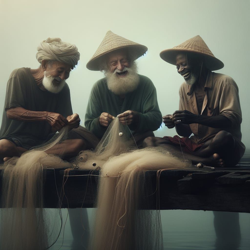 Fishermen Restoring Nets in Morning Fog