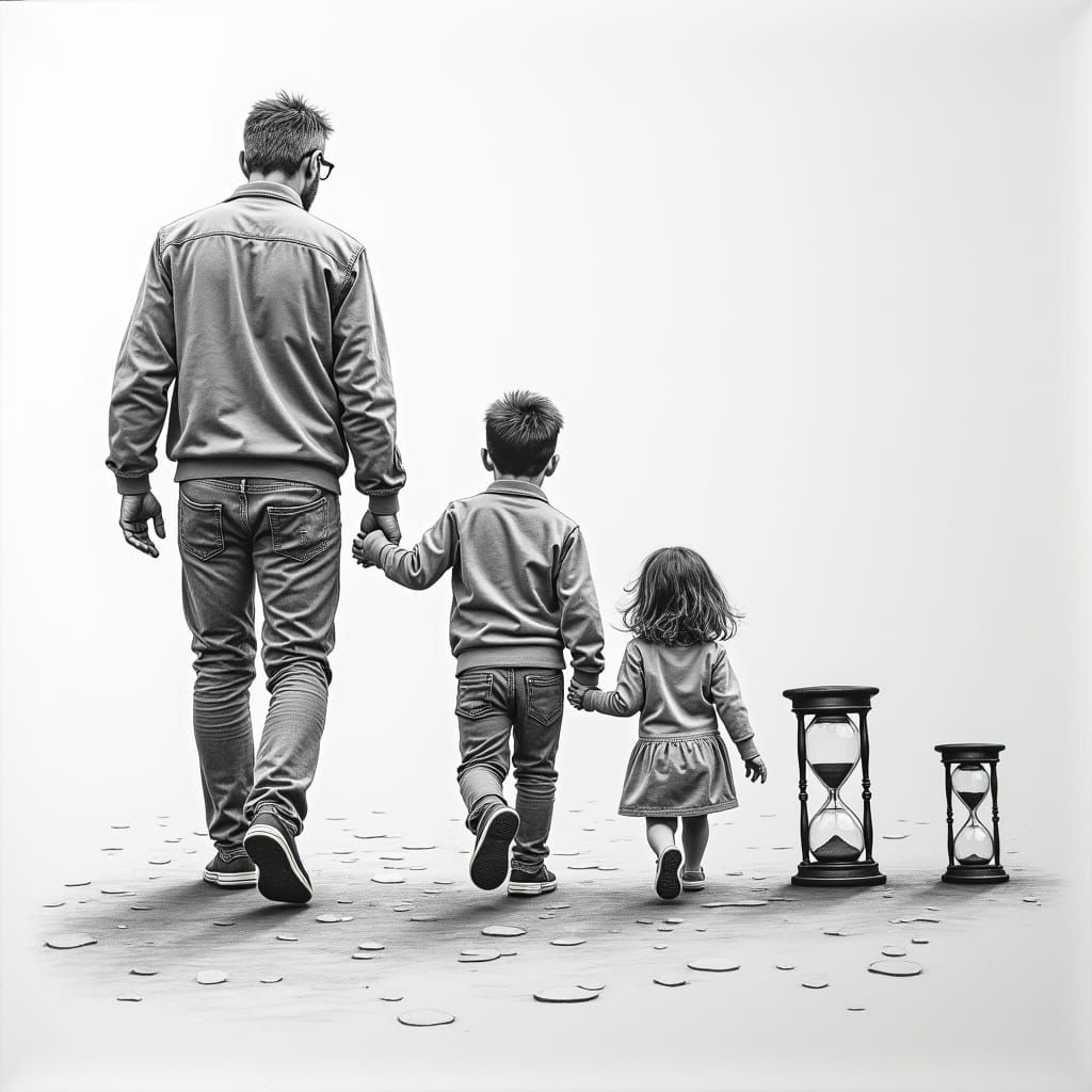 Father and Children: Hourglass Lives in Pencil Art