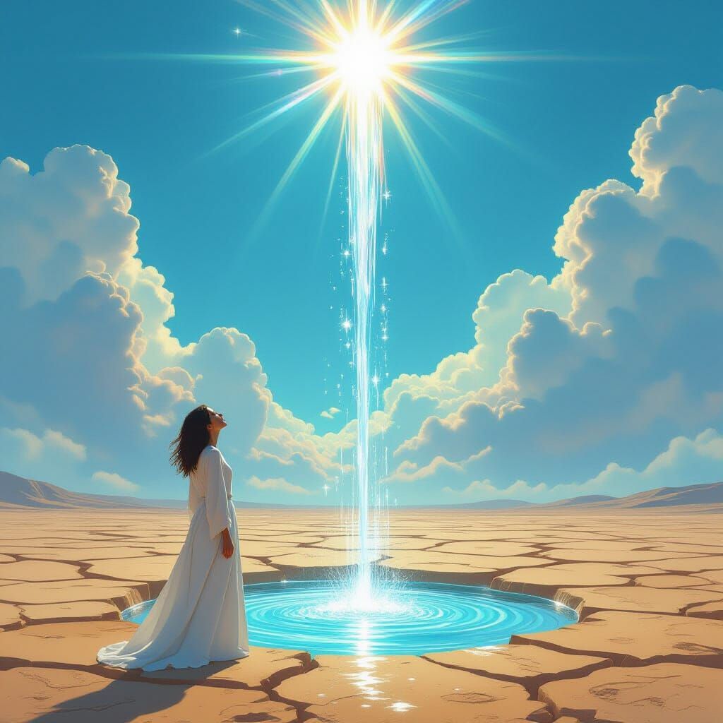 Figure Drinks Water from Sky on Cracked Earth in Magical Rea...