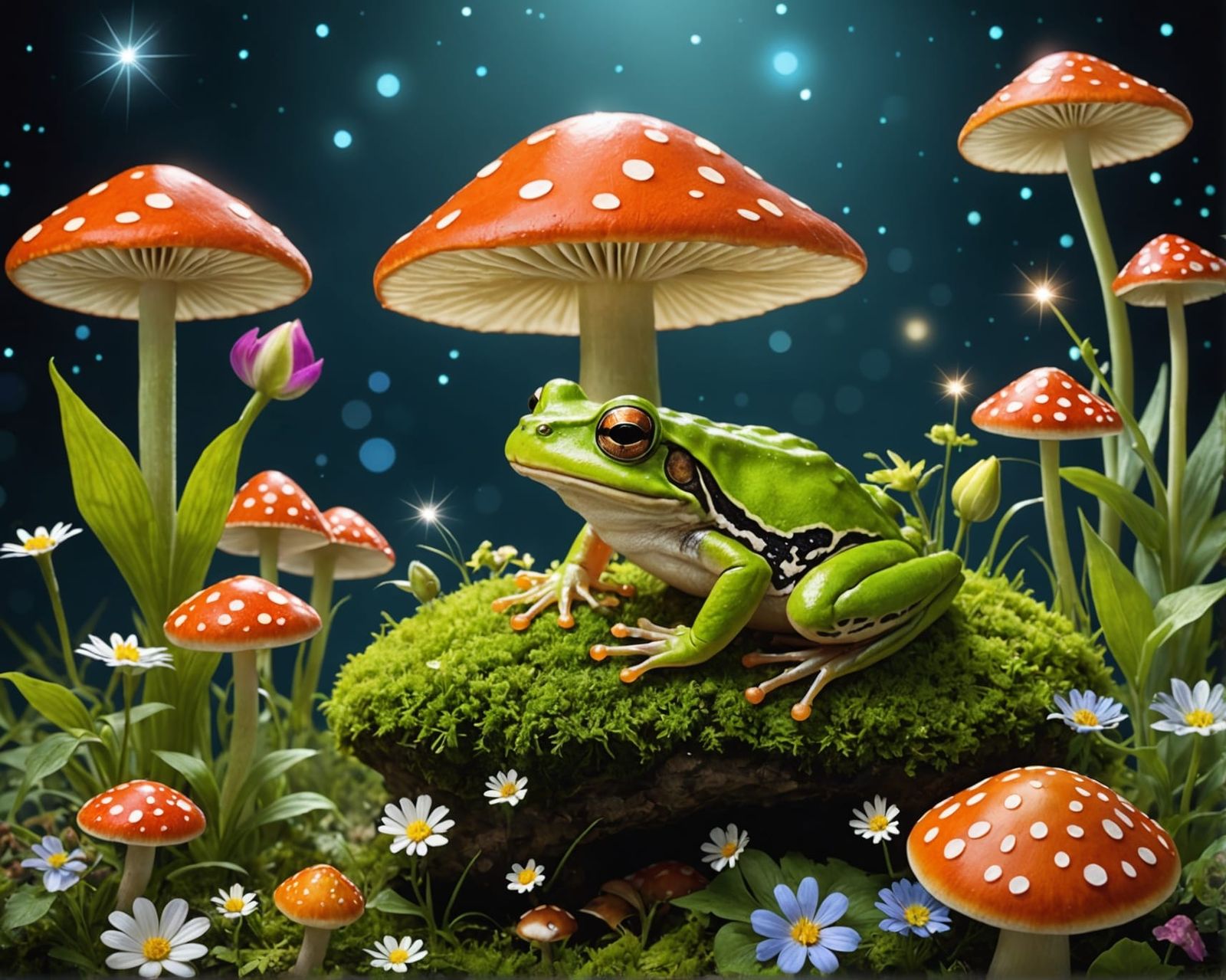 Enchanted Frog with Fairies and Magic Mushrooms