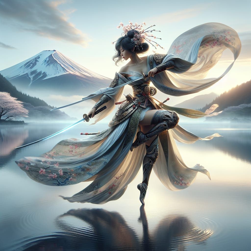 Japanese Warrior Woman with Swords by Misty Lake