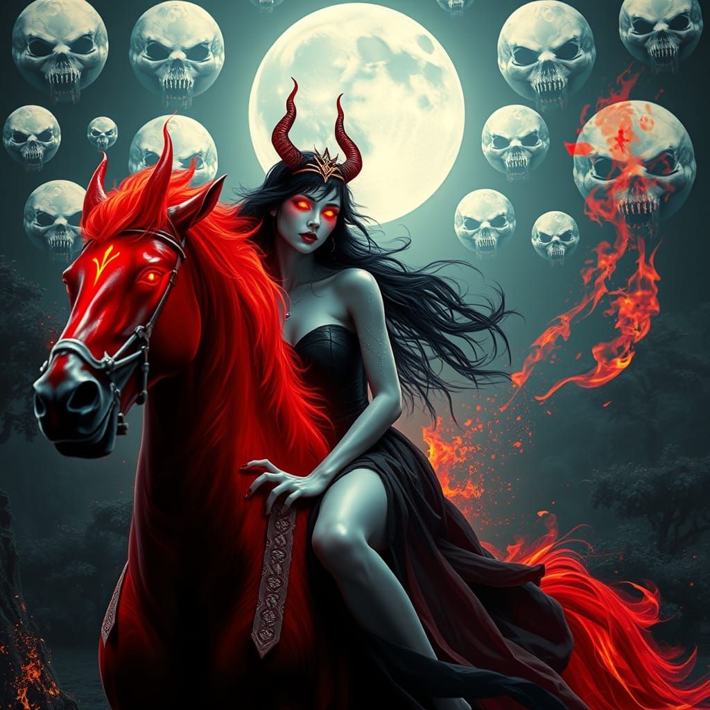 Ethereal Woman Riding Fiery Horse in Dark Forest