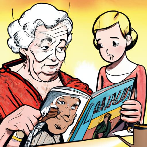 Grandmother and Granddaughter Reading, Comic Book Art