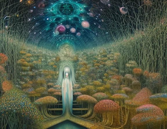 Eerie Fairytale: Mystical Figure in Surreal Starry Landscape