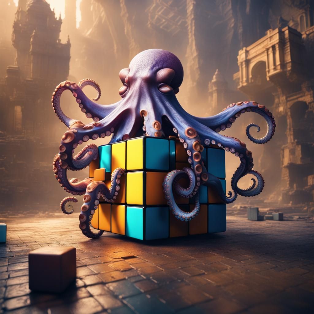 Octopus Solves Rubik's Cube: Detailed Matte Painting