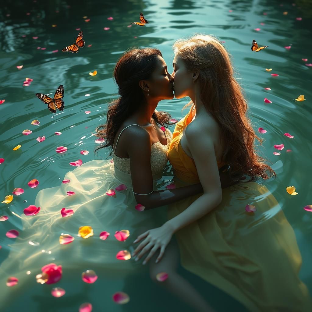 Romantic Lakeside Embrace in Dark Fantasy Style