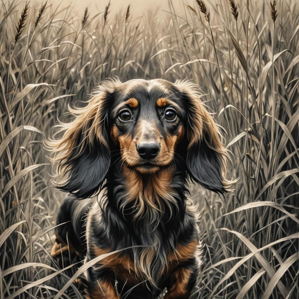 Dachshund in Tall Grass: Charcoal Drawing
