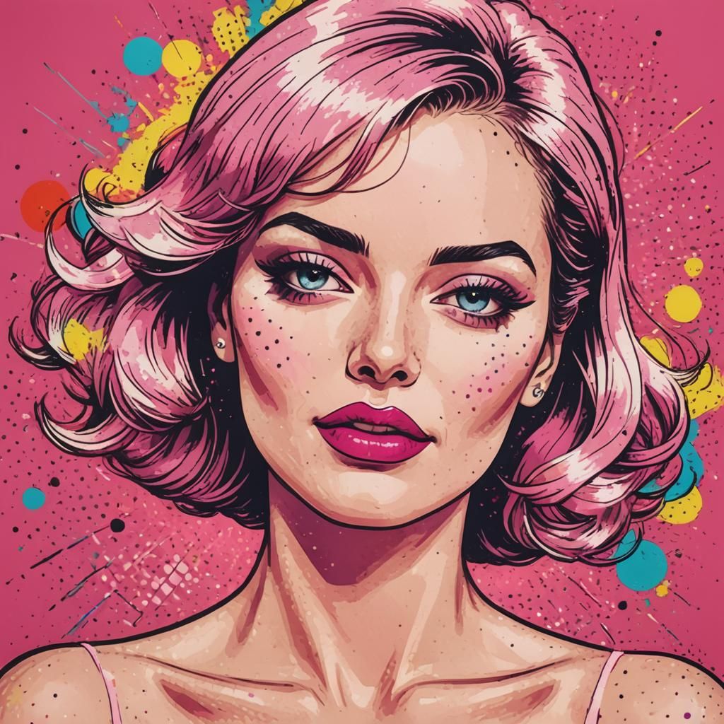 Pop Art Woman with Pink Lipstick in Comic Style