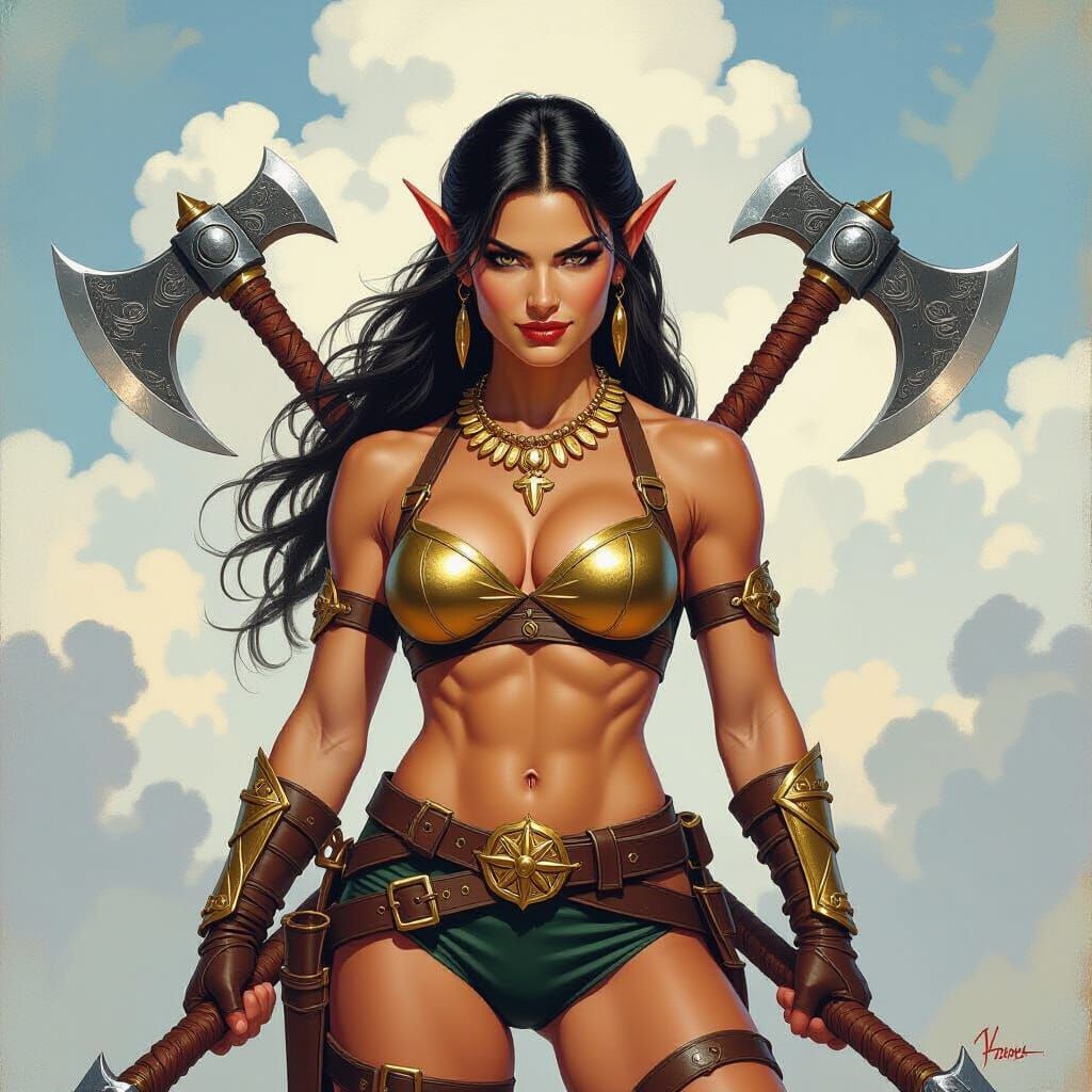 Elf Barbarian Warrior in Vibrant Acrylic Painting Style