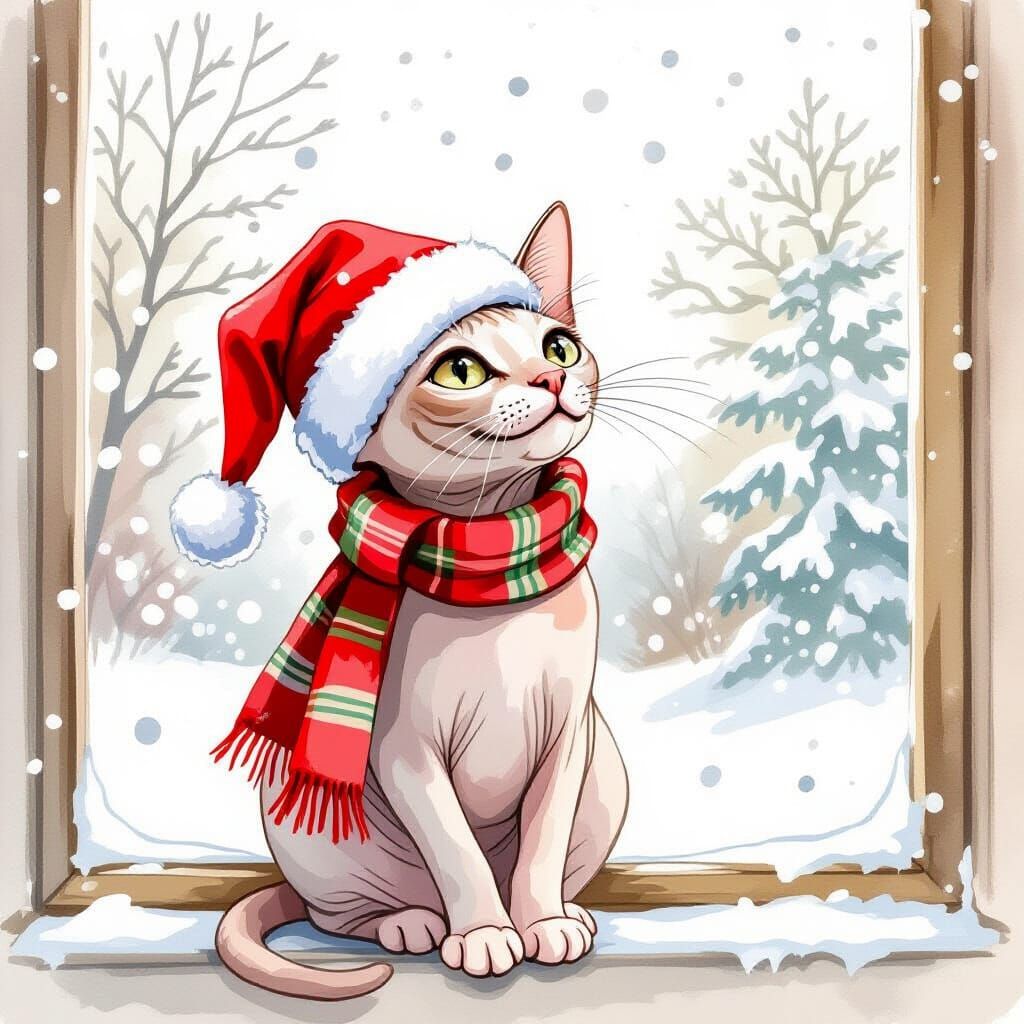 Sphynx Cat in Santa Hat Watching Snowfall - Watercolor Art