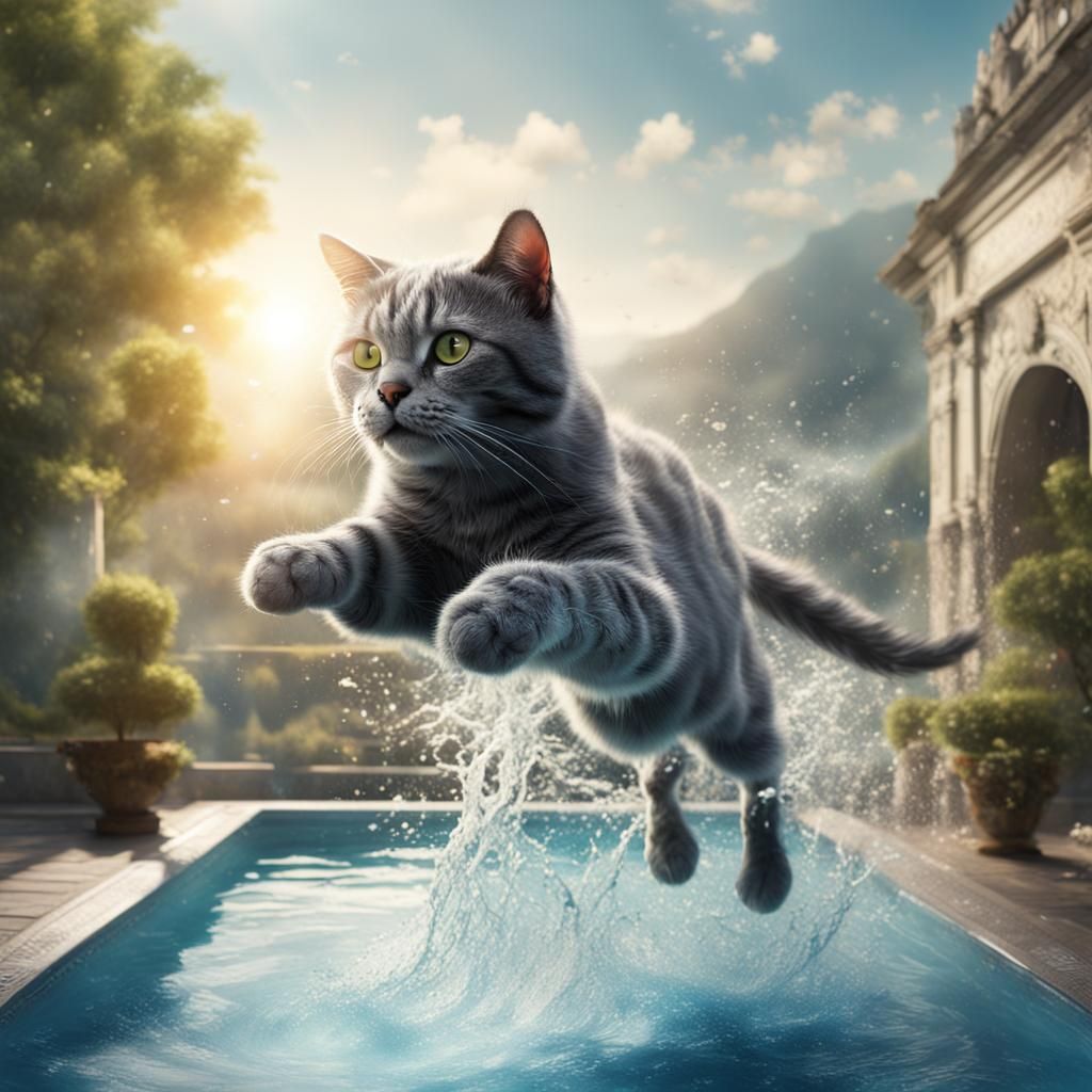 Grey Cat's Pool Jump on Sunny Day