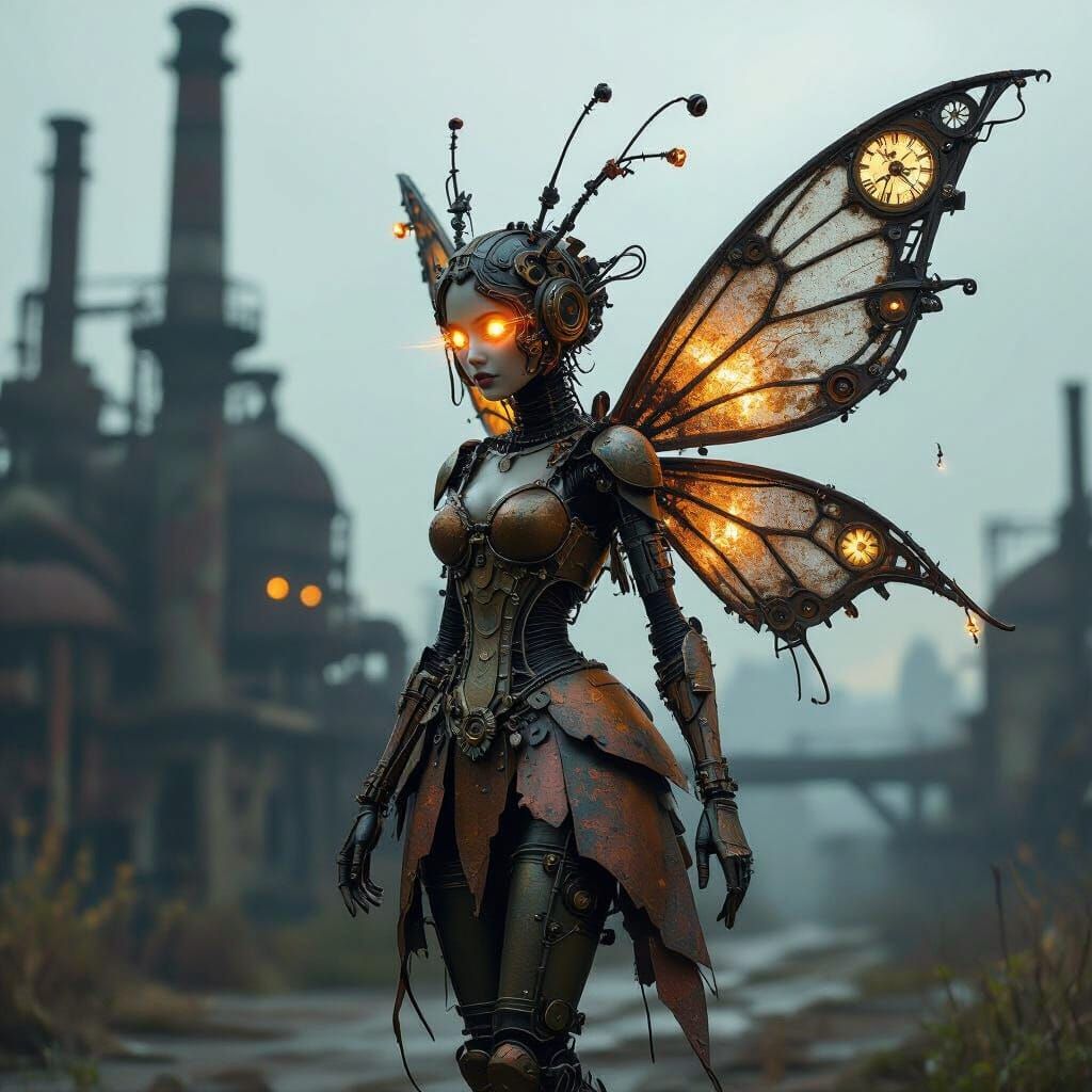 Steampunk Fairy Hovering Near Dilapidated Factory
