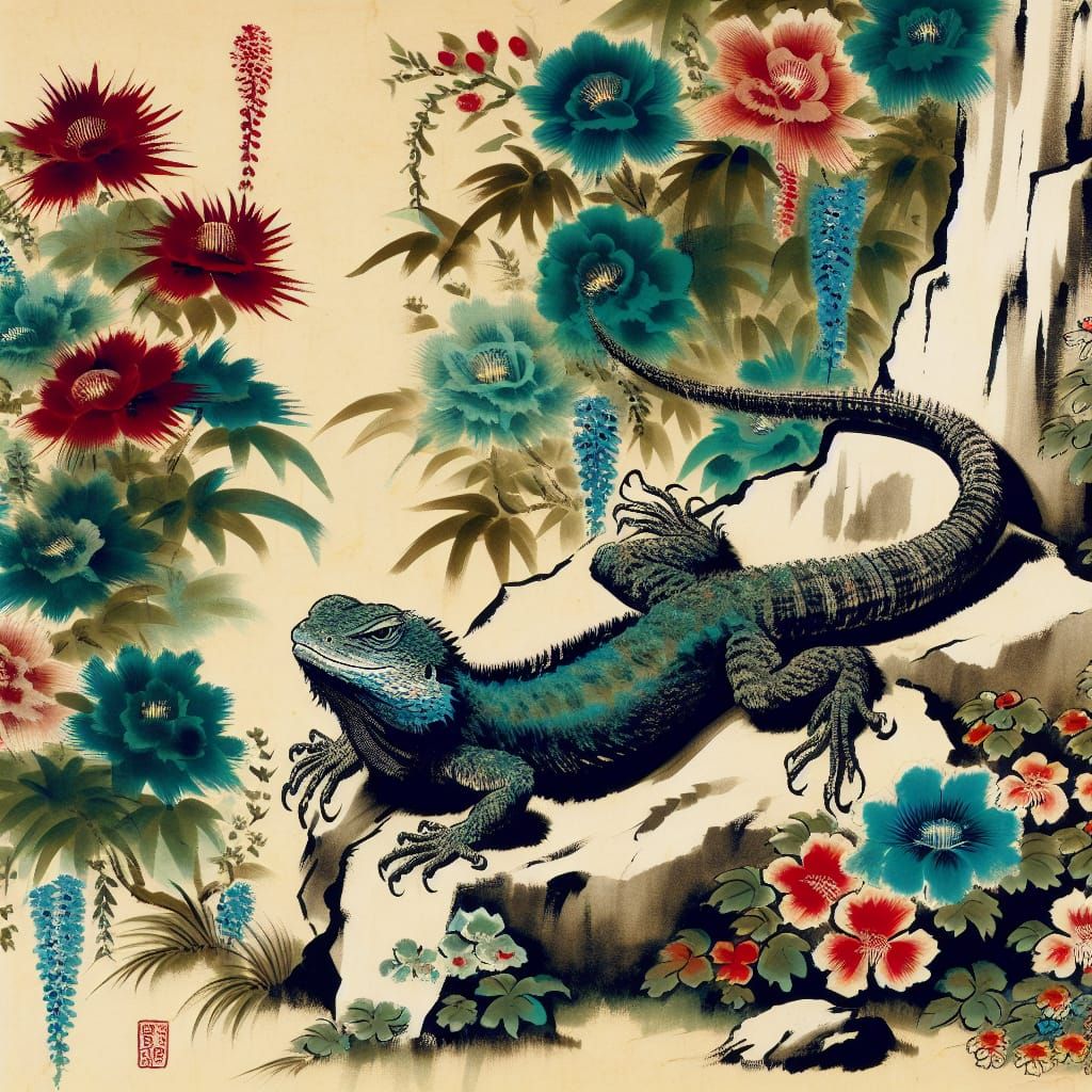 Lizard Lounging Among Flowers in Sumi-e Style