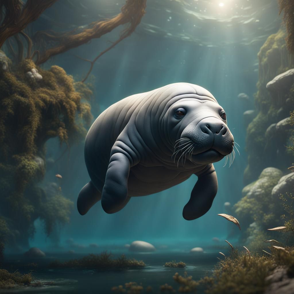 Fantastical Baby Manatee Matte Painting in Deep Color