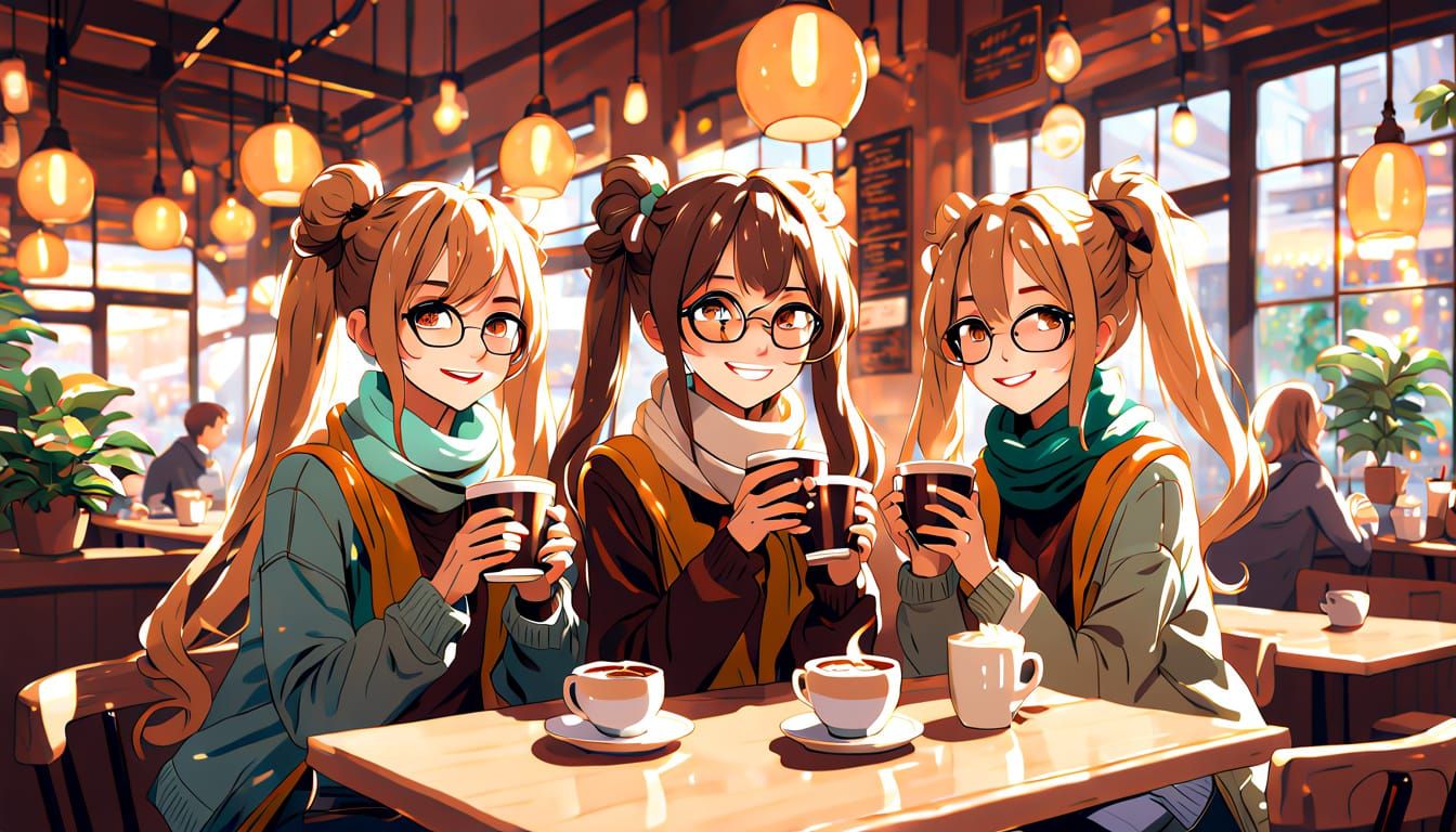 Anime Girls Enjoy Coffee in Cozy Café