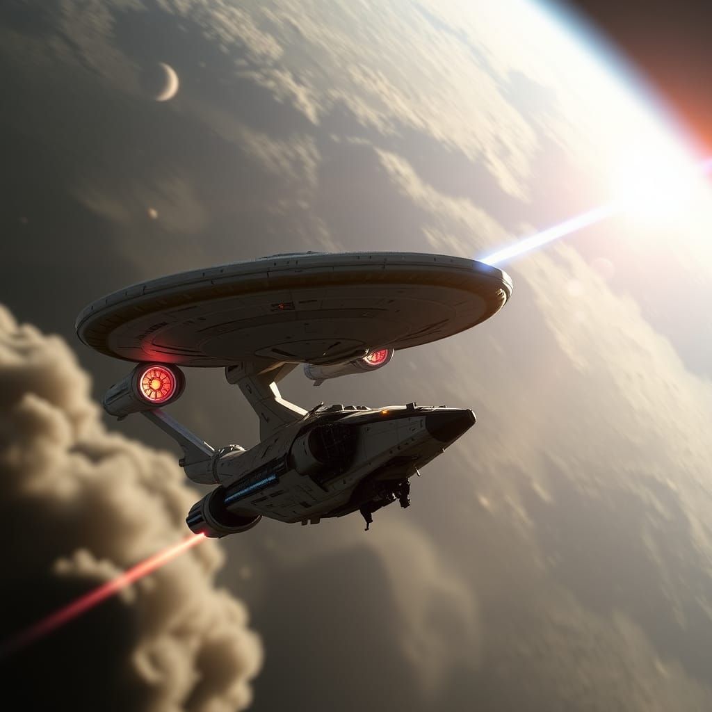 Federation Starship Tows Damaged Vessel in Space