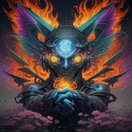 Cyberpunk Spirit Cat in Flames and Flowers